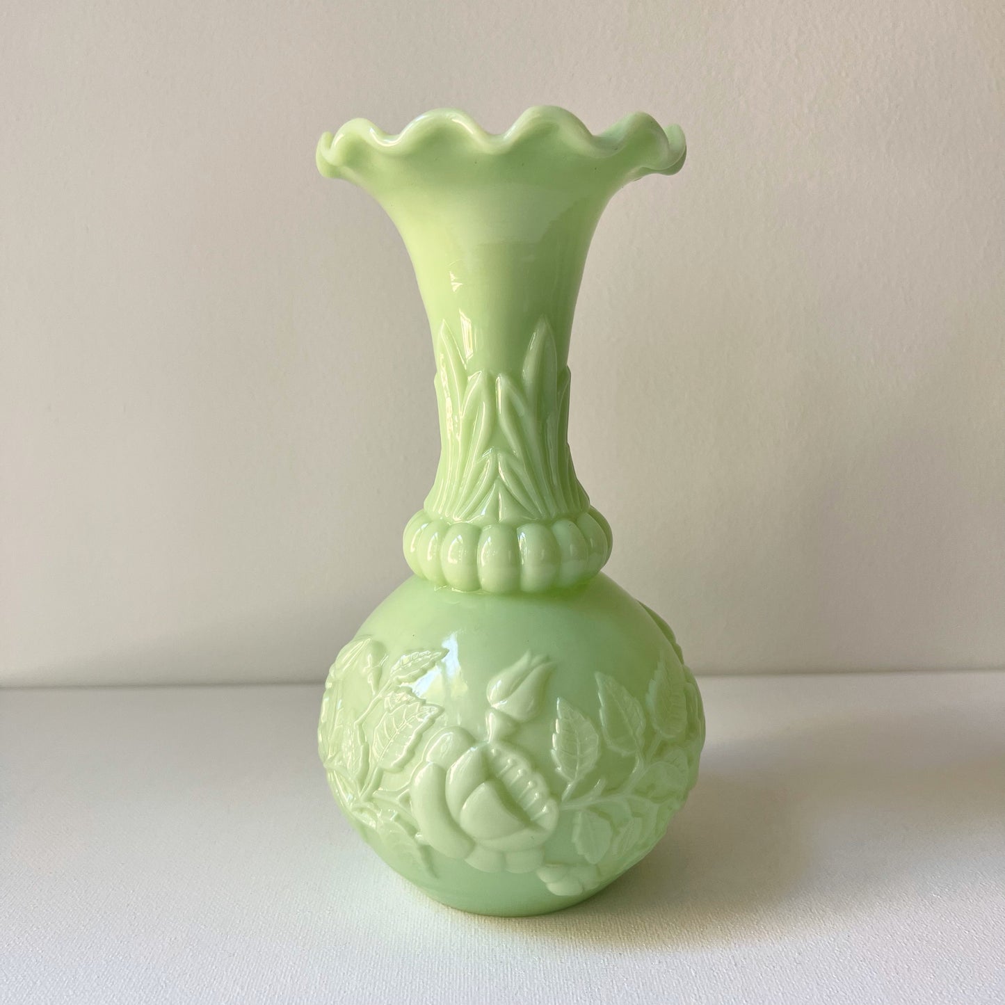 【Antique】France - 1890s Green Milk Glass Peony Vase