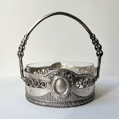 【Antique】France - 1920s Ribbon Motif Silver Plated & Crystal Cut Fruit Basket