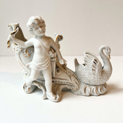 【Antique】Germany ‐ 1920s Chariot Swan Cherub Angel Biscuit Porcelain Vase