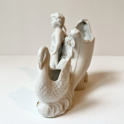【Antique】Germany ‐ 1920s Chariot Swan Cherub Angel Biscuit Porcelain Vase
