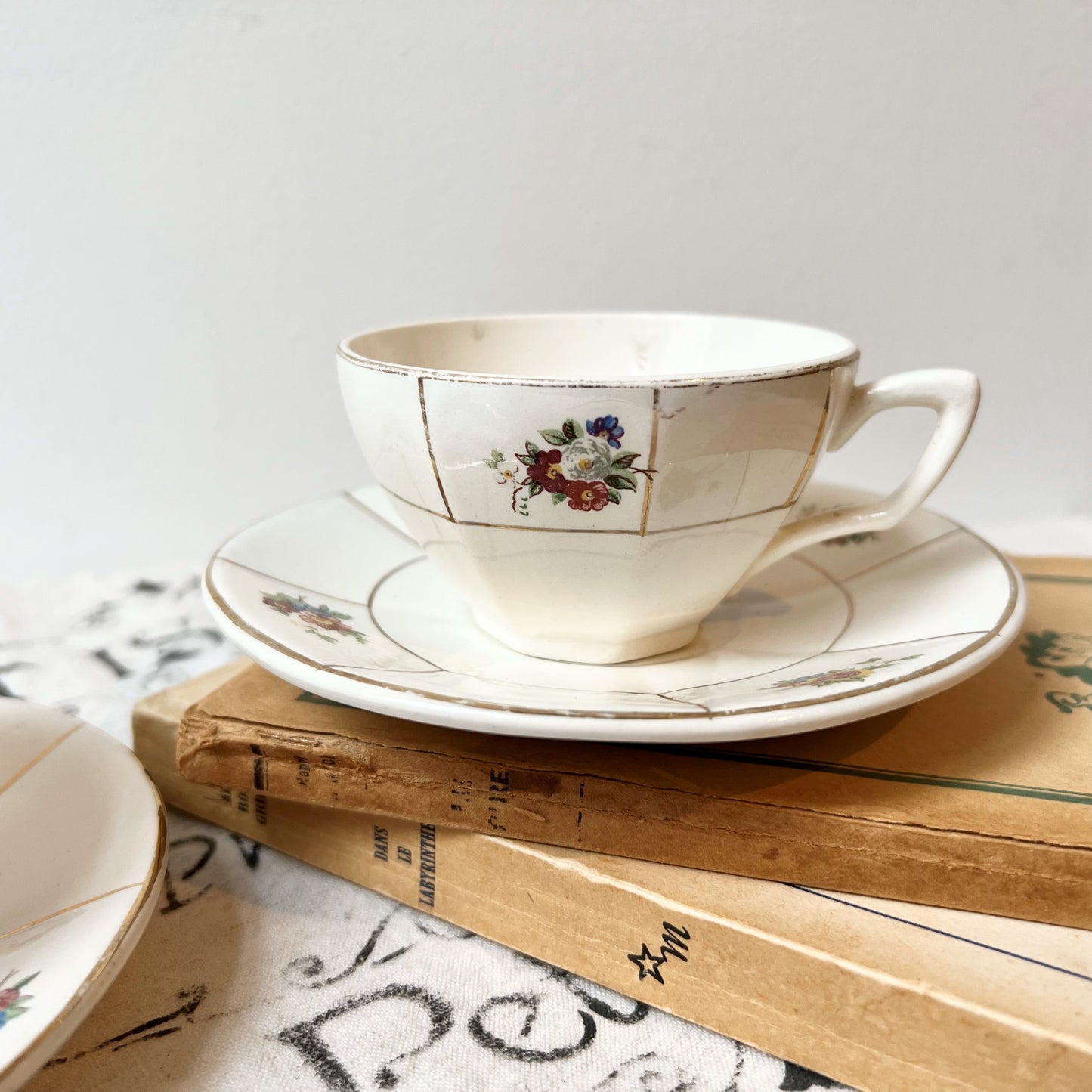 【Antique】France - 1880-1900s Digoin＆Sarreguemines Tea Cup Set（2 Cups ＋ 2 Plates）