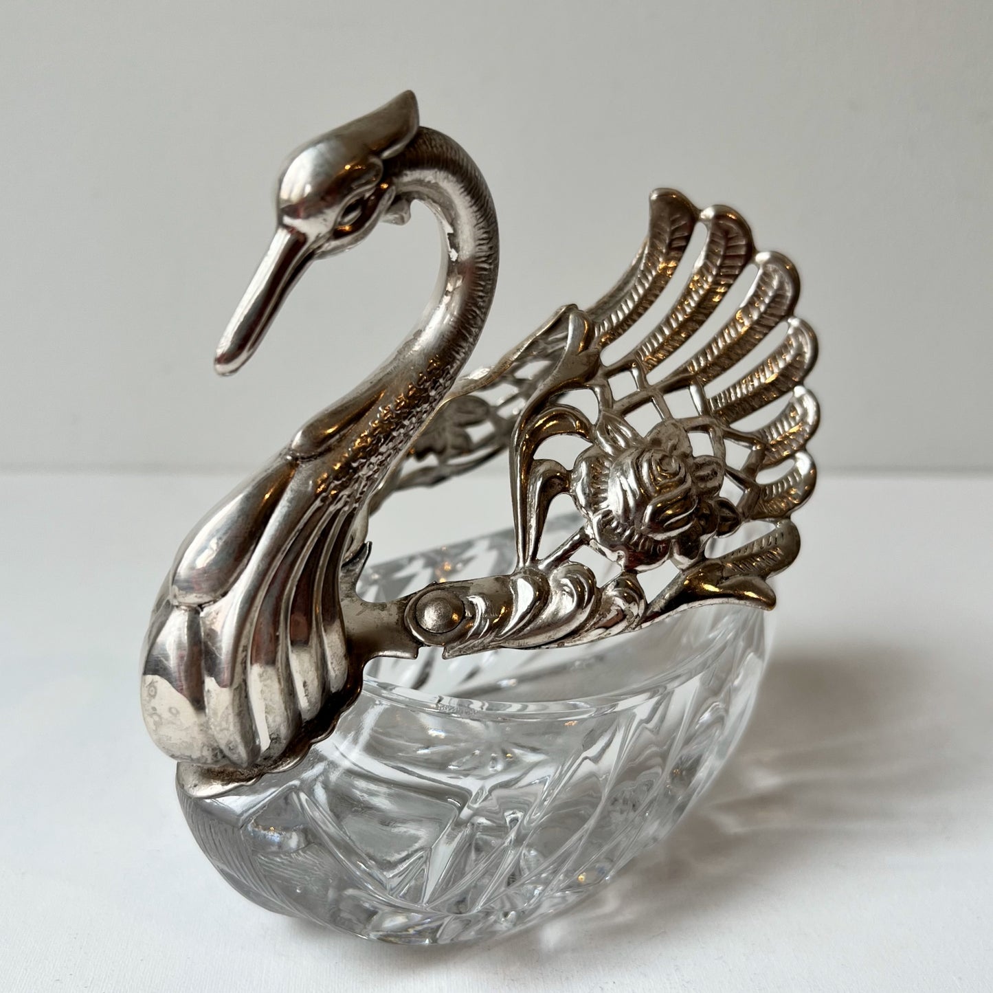 【Vintage】France ‐ 1950s Silver Plate Glass Swan（Big / 12.8㎝）