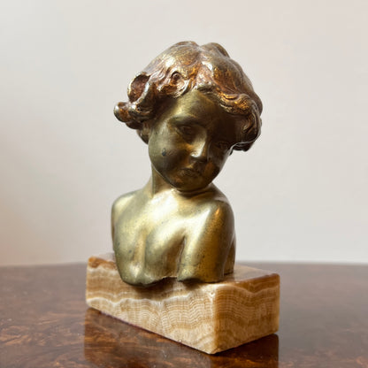 【Antique】France - 1900s Jean Marie Camus Bust of a Girl（Bronze and Marble）