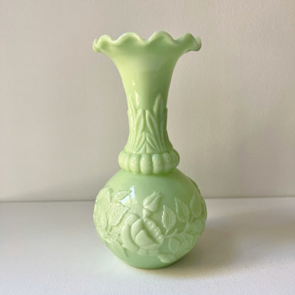 【Antique】France - 1890s Green Milk Glass Peony Vase