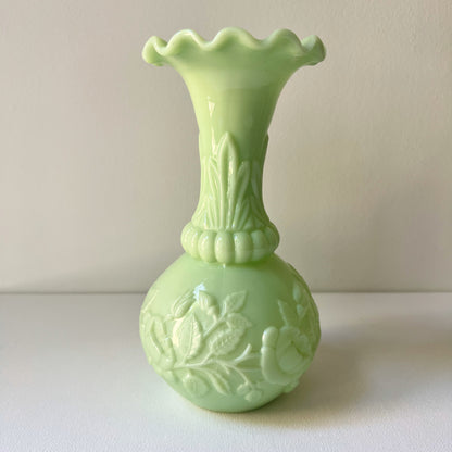 【Antique】France - 1890s Green Milk Glass Peony Vase