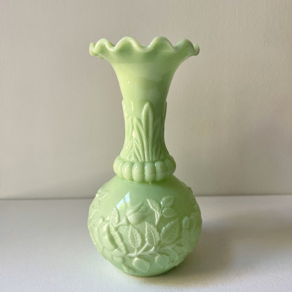 【Antique】France - 1890s Green Milk Glass Peony Vase