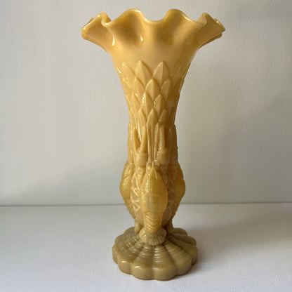 【Antique】France -  Portieux 1914s Brown Milk Glass Crayfish Motif Vase