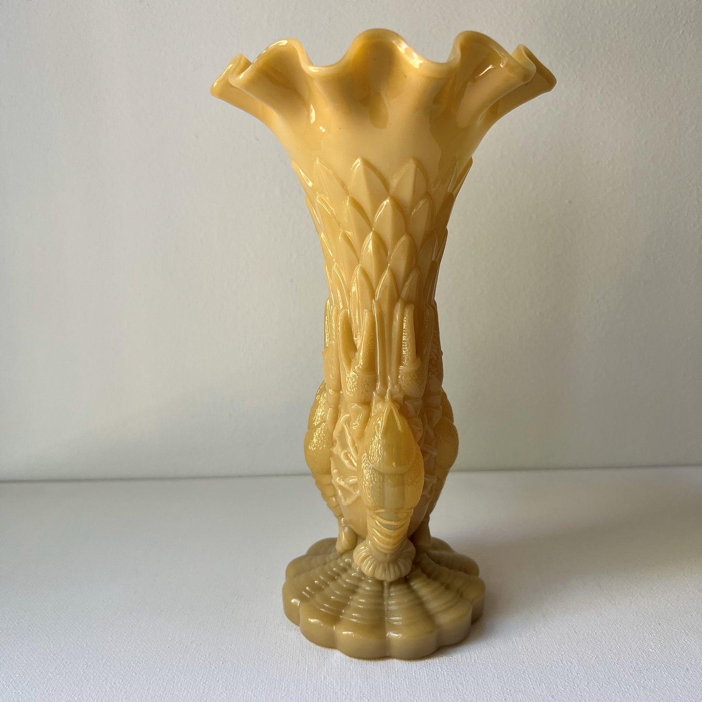 【Antique】France -  Portieux 1914s Brown Milk Glass Crayfish Motif Vase