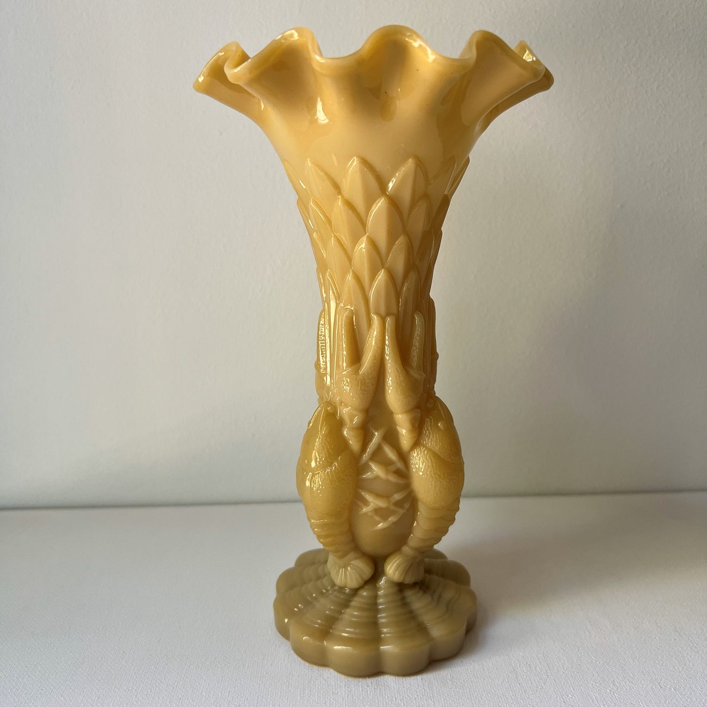 【Antique】France -  Portieux 1914s Brown Milk Glass Crayfish Motif Vase