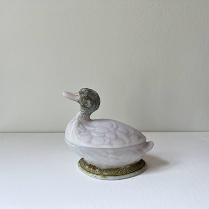 【Antique】France - Vallerysthal 1900s Milk Glass Duck Cover Dish