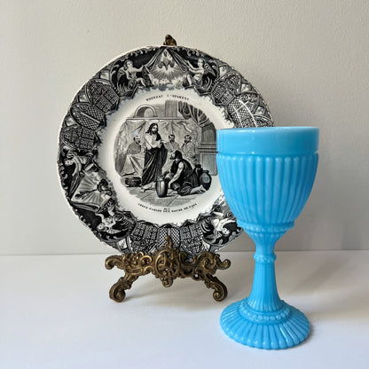 【Antique】France -  Portieux 1900s Blue Milk Glass Goblet