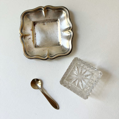 【Vintage】France - 1930s Metal Dish & Spoon and Glass Tray Set
