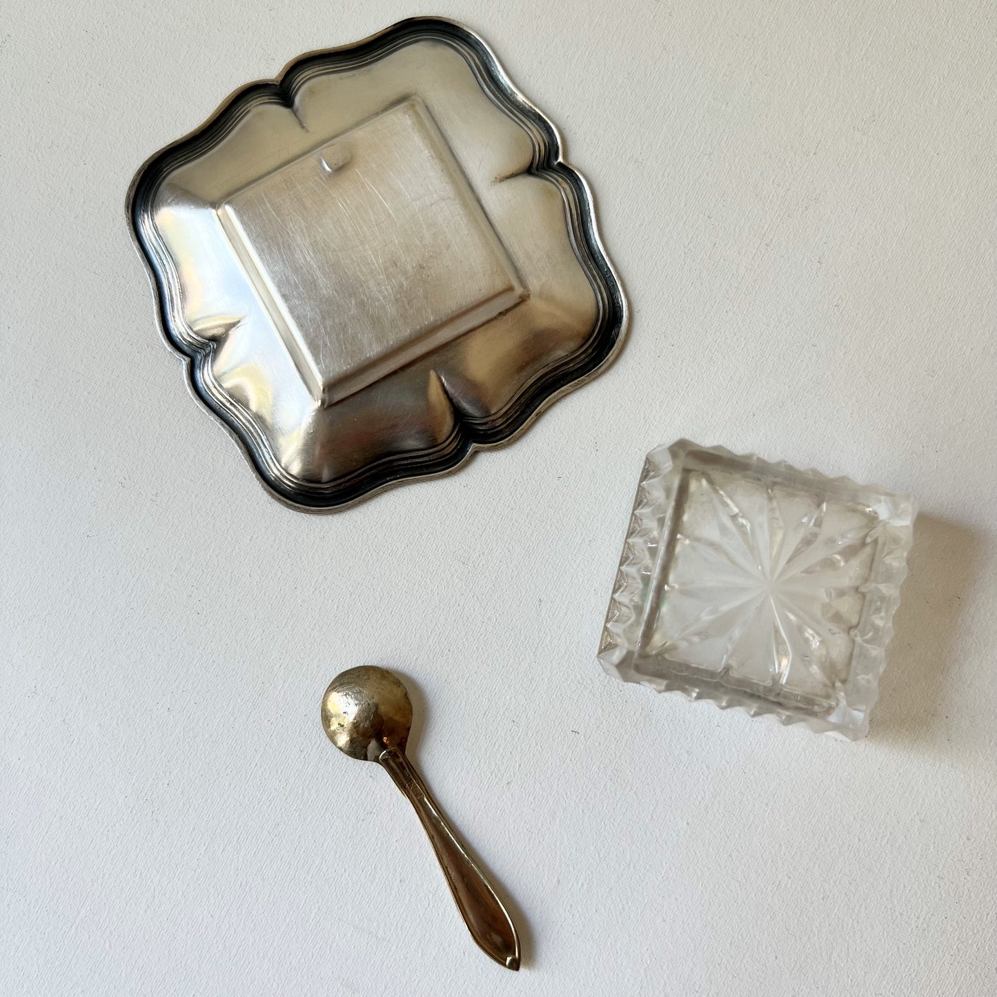 【Vintage】France - 1930s Metal Dish & Spoon and Glass Tray Set