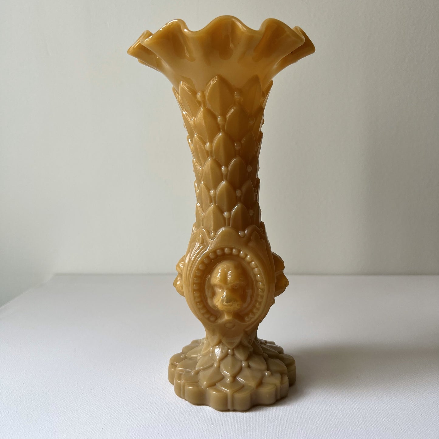 【Antique】France - Portieux 1894s Brown Milk Glass Dog Motif Vase