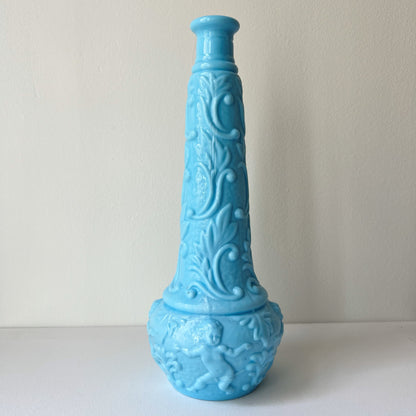 【Antique】France - Portieux 1900s Blue Milk Glass Angel Motif Vase