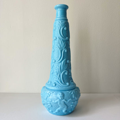 【Antique】France - Portieux 1900s Blue Milk Glass Angel Motif Vase