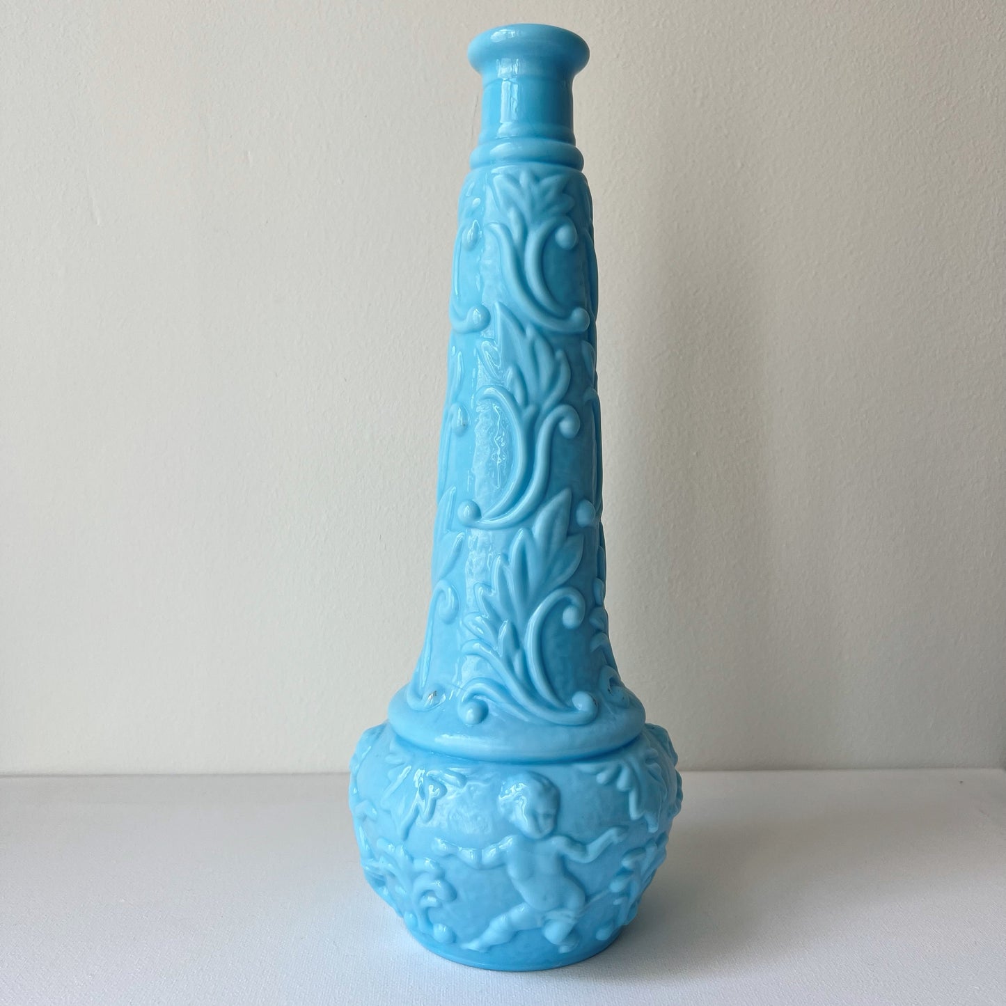 【Antique】France - Portieux 1900s Blue Milk Glass Angel Motif Vase