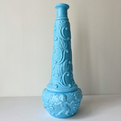 【Antique】France - Portieux 1900s Blue Milk Glass Angel Motif Vase