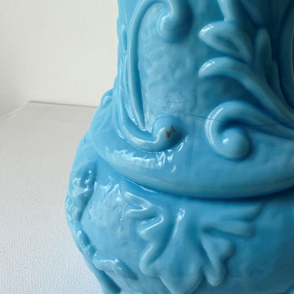 【Antique】France - Portieux 1900s Blue Milk Glass Angel Motif Vase