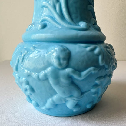 【Antique】France - Portieux 1900s Blue Milk Glass Angel Motif Vase