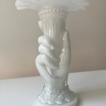 【Vintage】France - 1950s White Glass Hand Motif Vase