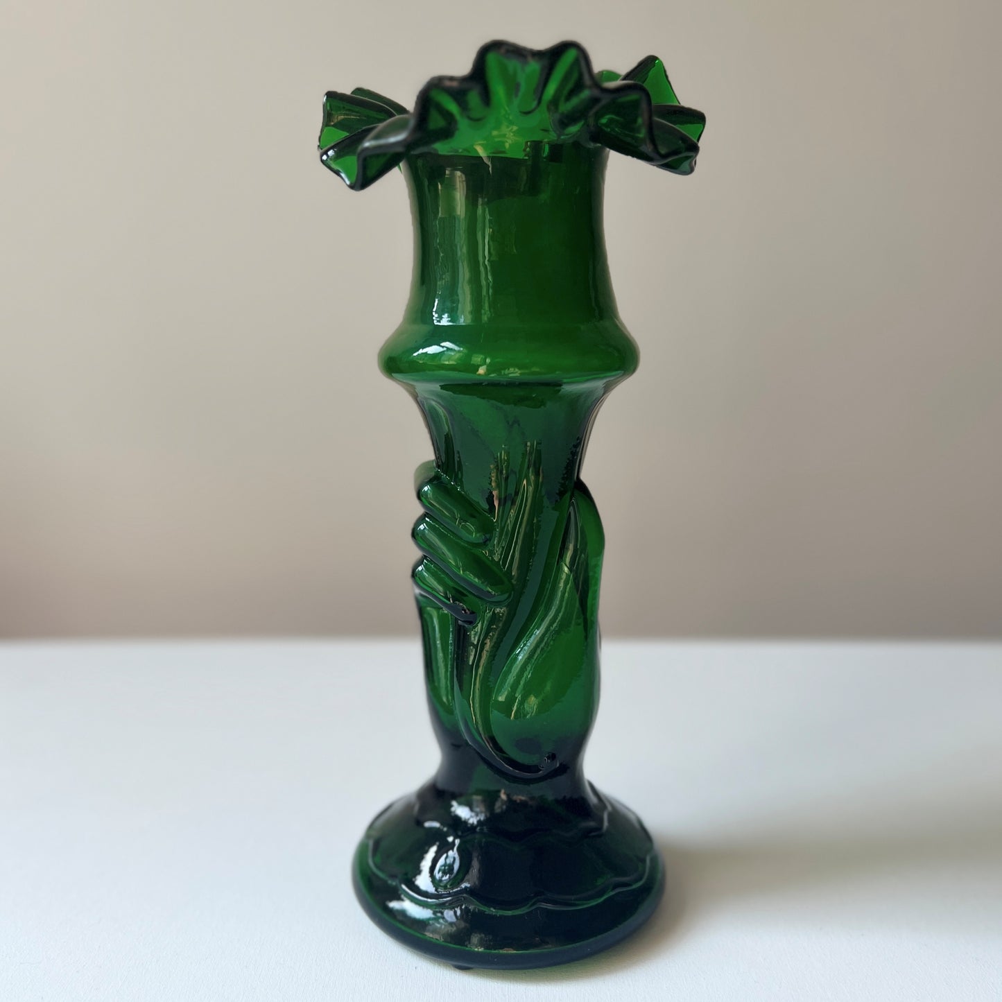 【Antique】France - 1920s Green Glass Hand Motif Vase《Special》