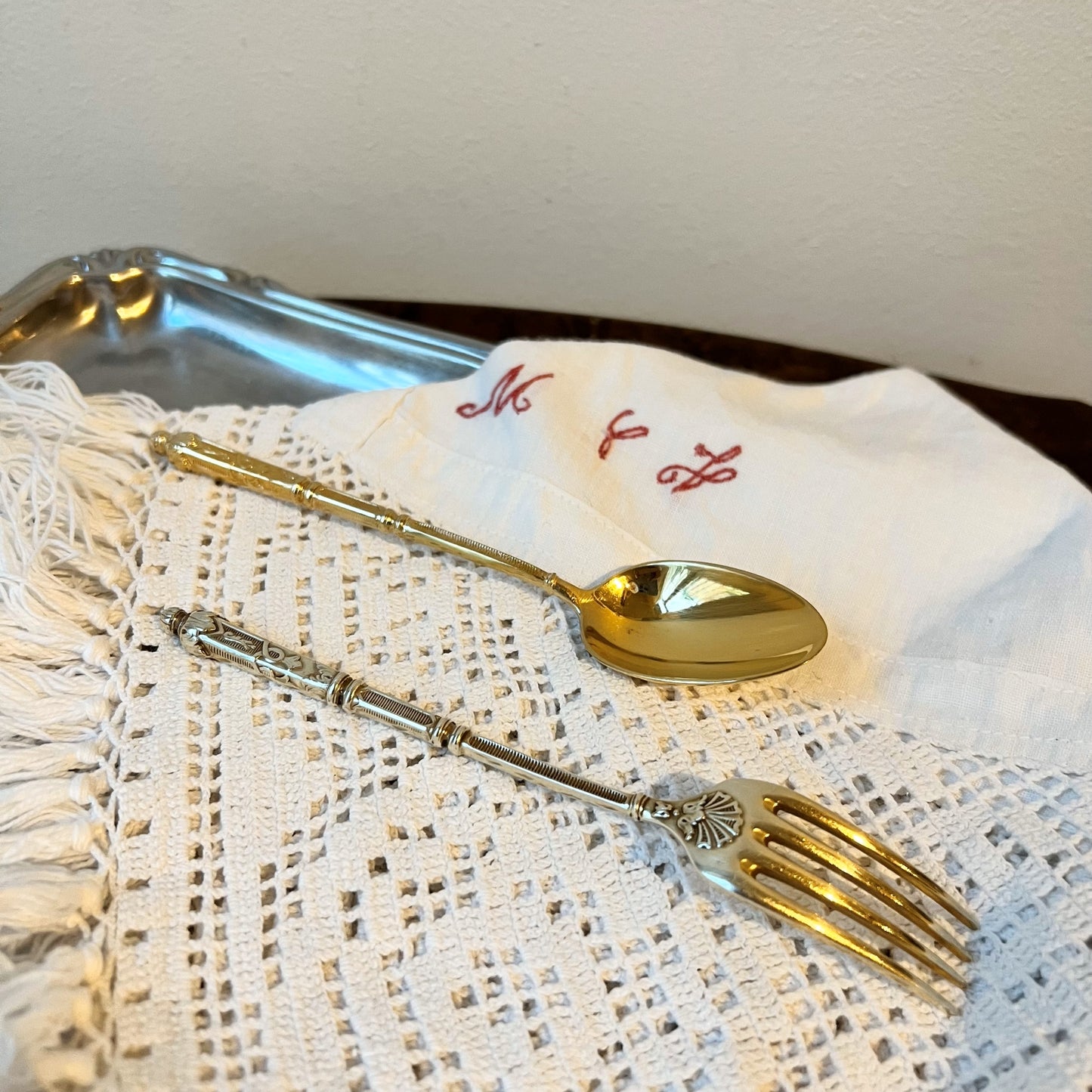 【Vintage】Belgium - 1950s Gold Plate Spoon and  Silver Plate Fork Set