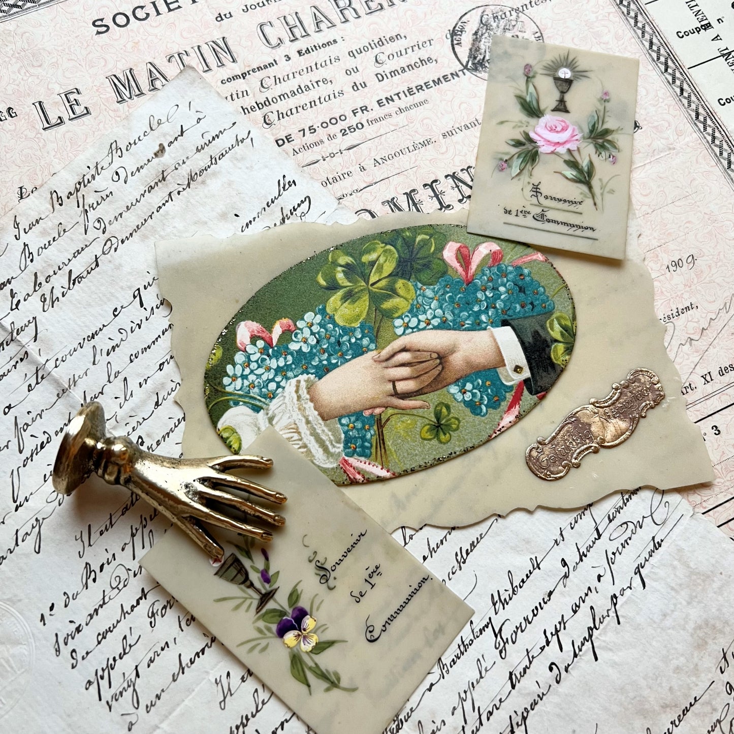 【Antique】Celluloid Cards and Hand Motif Clip Set
