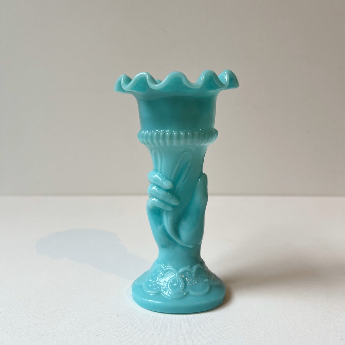 【Antique】France - Portieux 1900s Blue Milk Glass Small Hand Vase