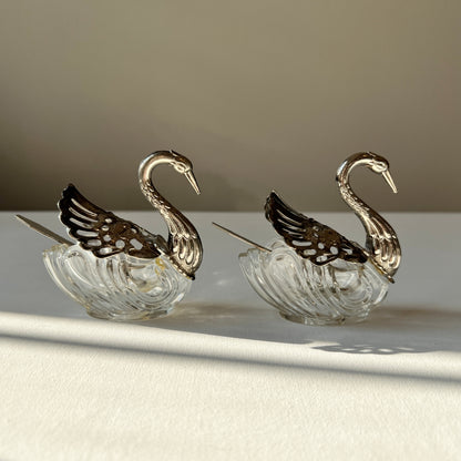 【Vintage】France - 1930s Crystal Swan Bowl with Spoon(Set of 2)