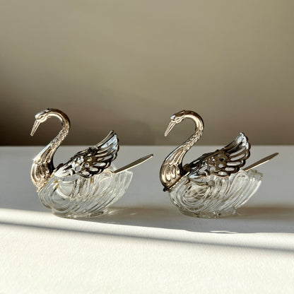 【Vintage】France - 1930s Crystal Swan Bowl with Spoon(Set of 2)