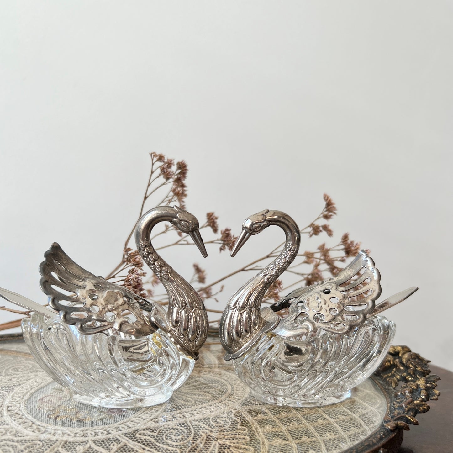 【Vintage】France - 1930s Crystal Swan Bowl with Spoon(Set of 2)