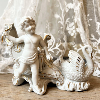 【Antique】Germany ‐ 1920s Chariot Swan Cherub Angel Biscuit Porcelain Vase