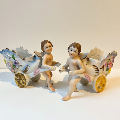 【Vintage】Germany - 1970s Putti Cherub Carriage Biscuit Porcelain Vase（Set of 2）