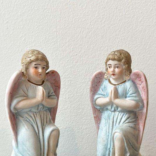 【Antique】France - 1900s Pottery Angel Statue (set of 2)