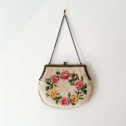 【Vintage】France - 1930s Needlepoint Rose Tapestry Bag