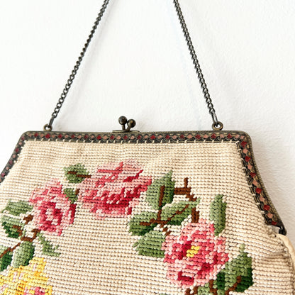 【Vintage】France - 1930s Needlepoint Rose Tapestry Bag