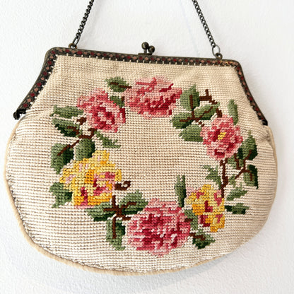 【Vintage】France - 1930s Needlepoint Rose Tapestry Bag