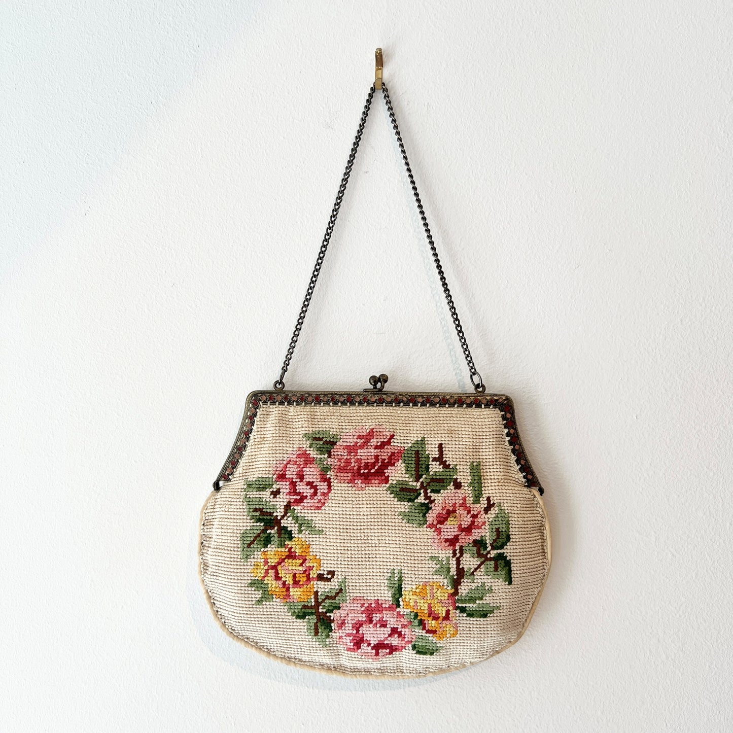 【Vintage】France - 1930s Needlepoint Rose Tapestry Bag