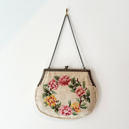 【Vintage】France - 1930s Needlepoint Rose Tapestry Bag