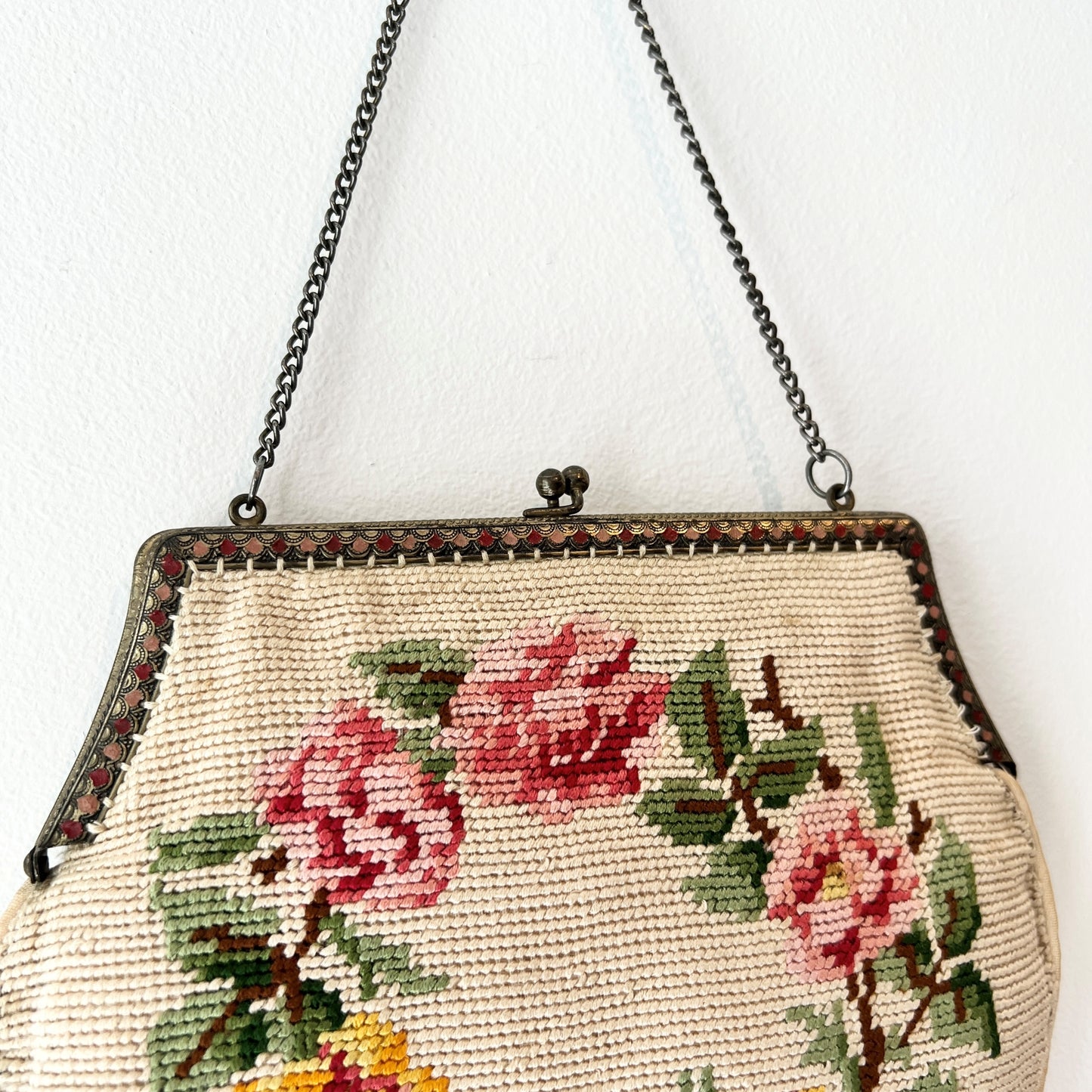 【Vintage】France - 1930s Needlepoint Rose Tapestry Bag