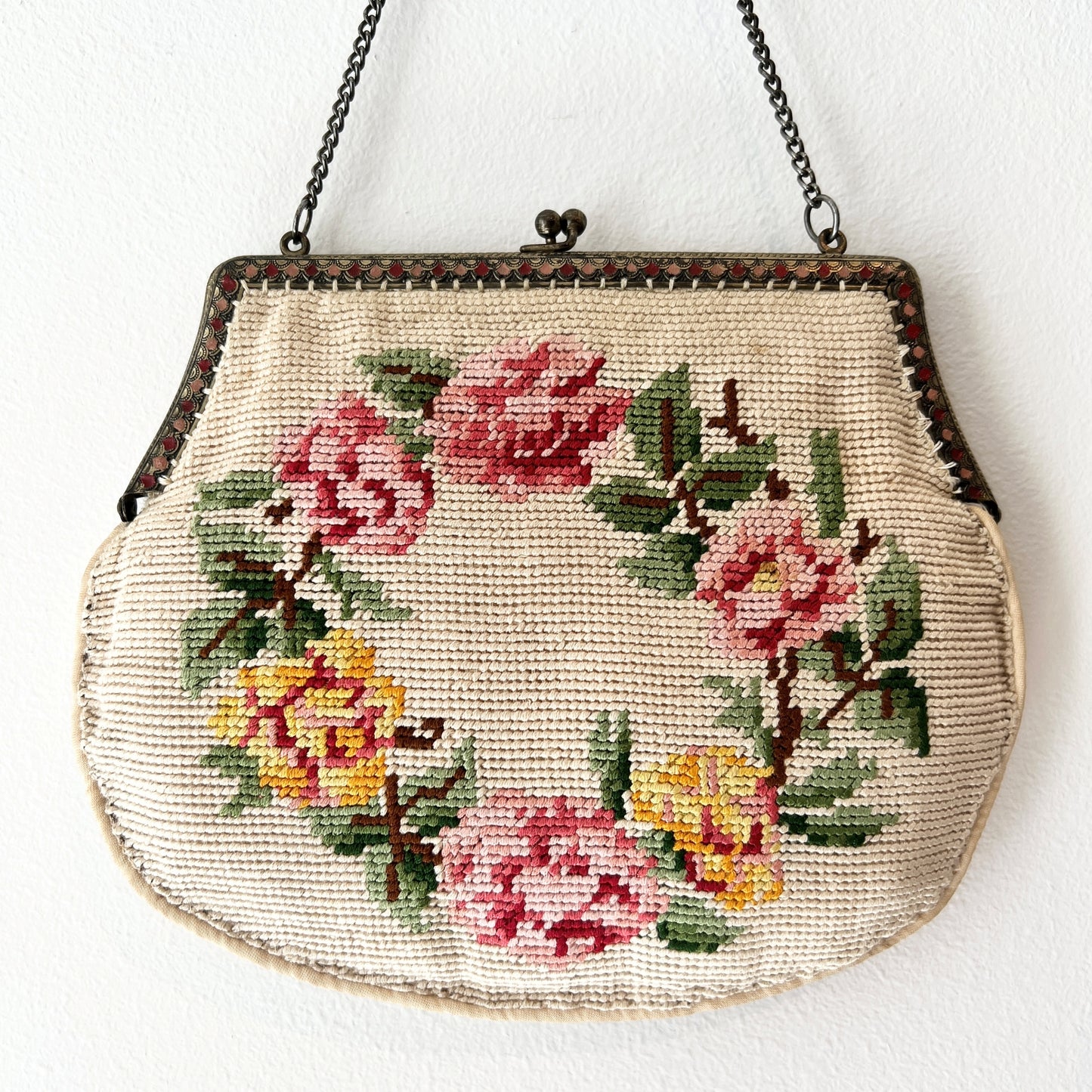 【Vintage】France - 1930s Needlepoint Rose Tapestry Bag