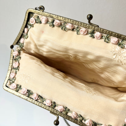 【Vintage】France - 1930s Needlepoint Rose Tapestry Bag