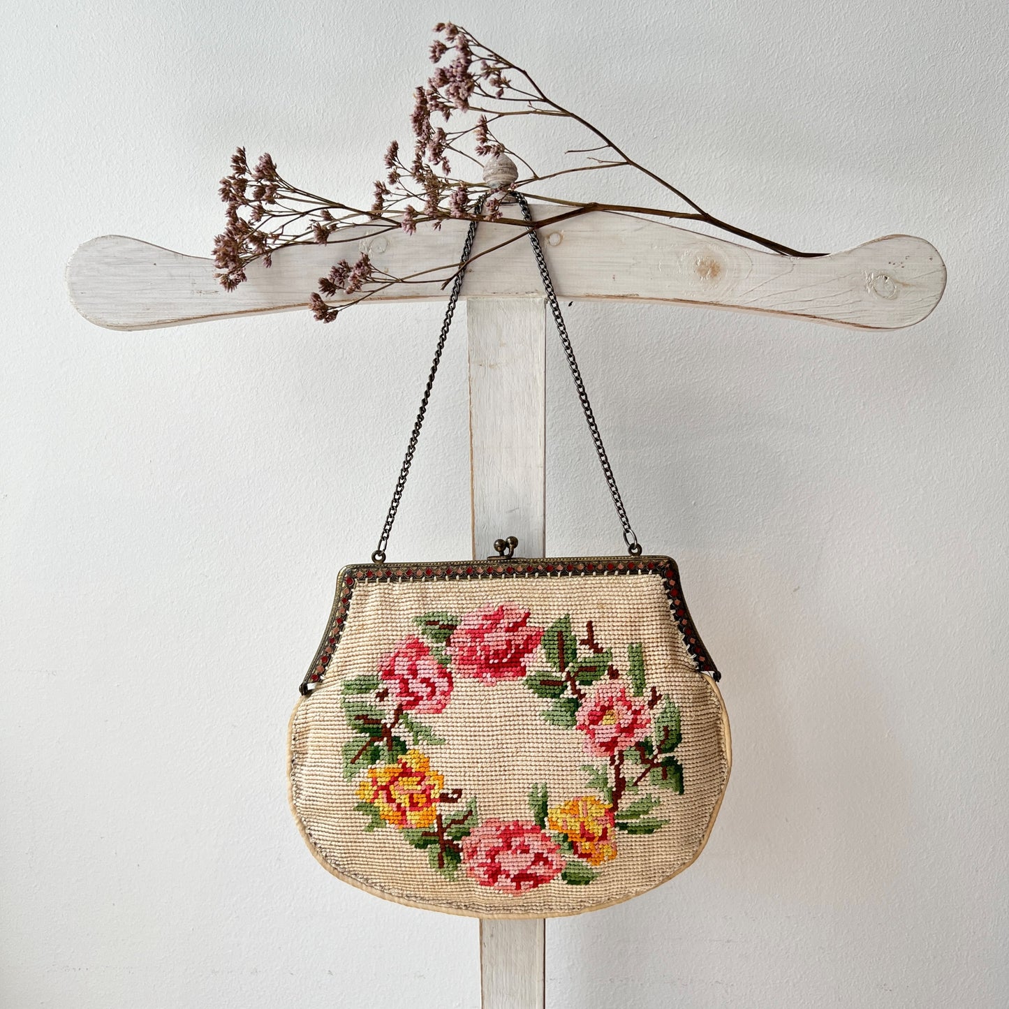 【Vintage】France - 1930s Needlepoint Rose Tapestry Bag