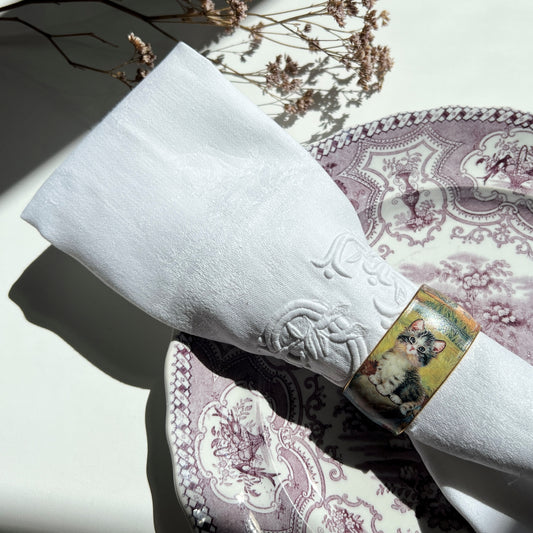 【Vintage】Jurgen Scholz Cat Napkin Ring and Embroidered Cloth Set A