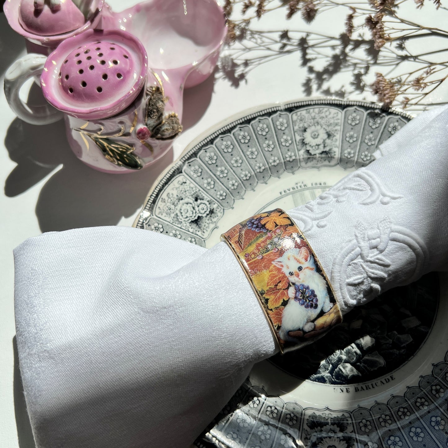 【Vintage】Jurgen Scholz Cat Napkin Ring and Embroidered Cloth Set B